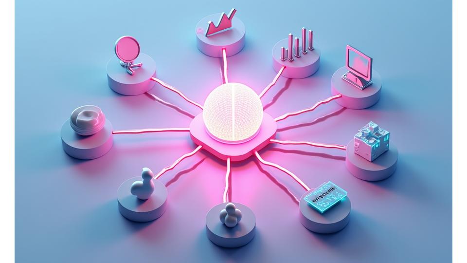Infográfico mostrando diferentes fontes de dados, como satélites, sensores IoT e dados de mercado, conectadas a uma plataforma central de análise.