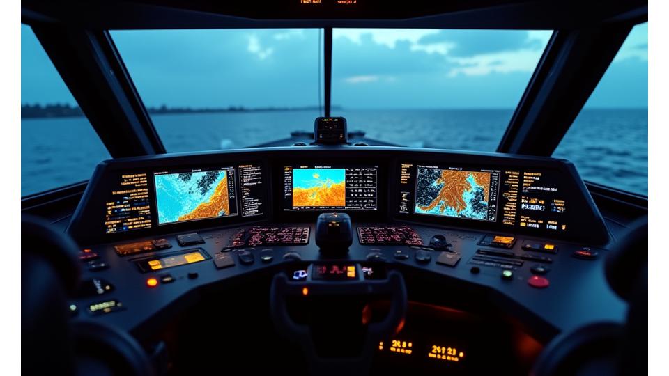 Interface de um painel de controlo tipo cockpit, mostrando alertas de pesca, recomendações de rota e condições marinhas em tempo real.