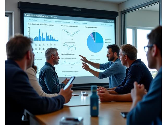 Pescadores e gestores de frota a participar numa sessão de formação com tablets e ecrãs, aprendendo a usar o sistema de analytics da Peixe Rei.