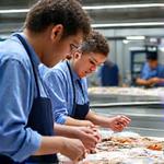 Membros de cooperativa de pescadores a trabalhar juntos