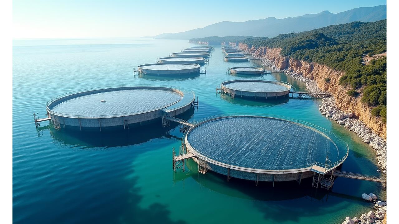 Instalações modernas de aquacultura sustentável com painéis solares e sistemas de recirculação de água.