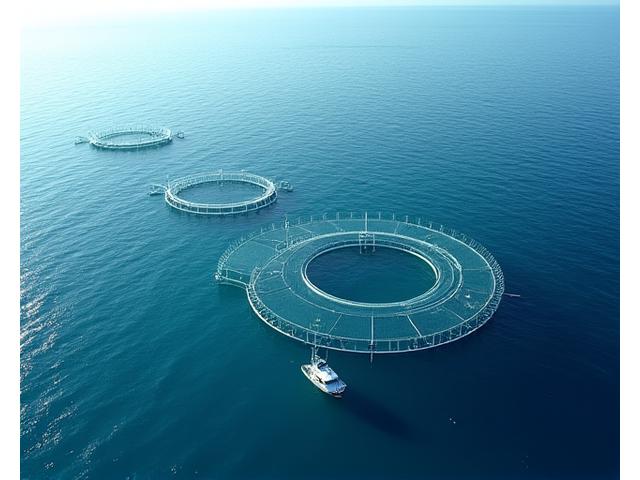 Boias e estruturas de aquacultura offshore dispersas no oceano azul claro, com embarcação de apoio no horizonte.