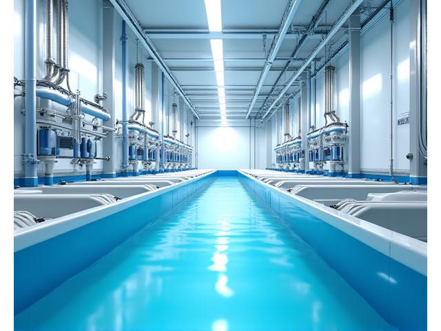 Sistema RAS fechado em Olhão, com tubulações e filtros visíveis em um ambiente controlado.