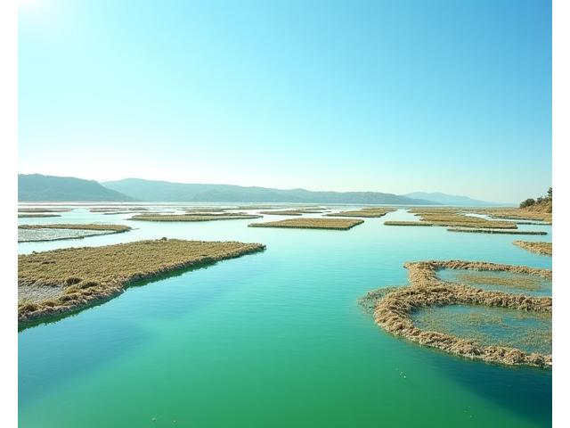 Ostras em sacos de cultivo na Ria Formosa, com as águas calmas ao fundo.