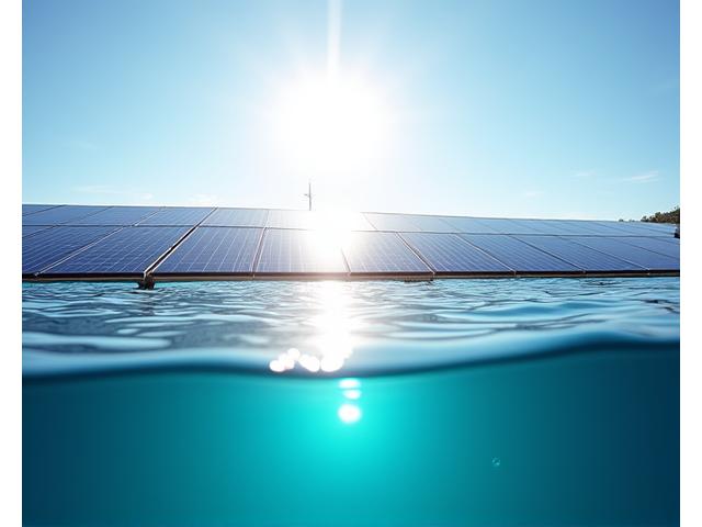 Painéis solares fotovoltaicos instalados acima de tanques de aquacultura, refletindo o sol.