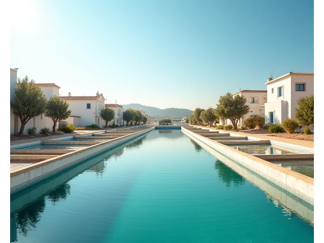 Quinta aquícola moderna em Tavira, com tanques visíveis e arquitetura limpa.