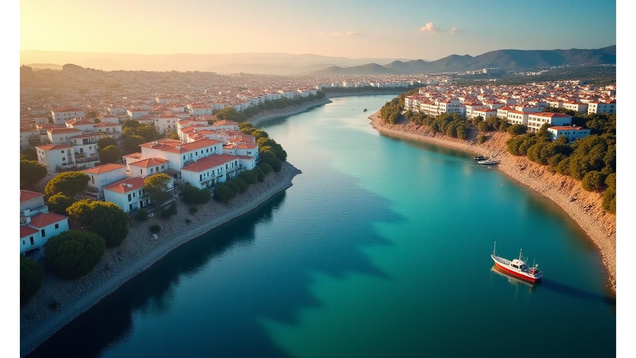 Fotografia aérea de Olhão, Portugal, com destaque para a Ria Formosa e a localização da Peixe Rei, indicando um centro de inovação costeira.