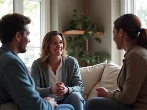 Psicólogo a conversar com uma família de pescadores em ambiente acolhedor, expressando empatia e suporte.