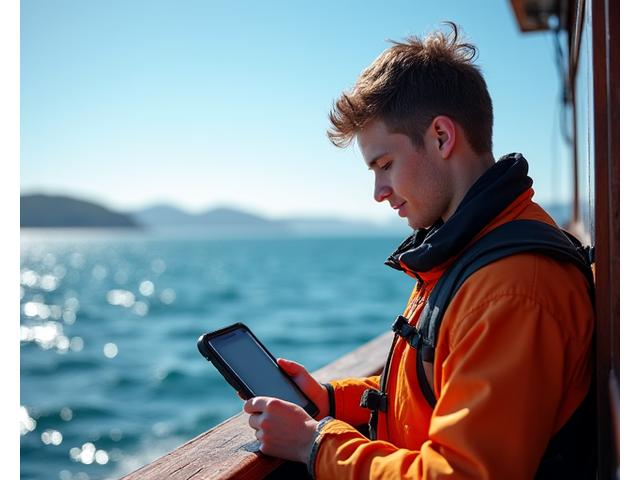 Jovem pescador usando tablet com aplicação de meteorologia e navegação, em ambiente de trabalho.
