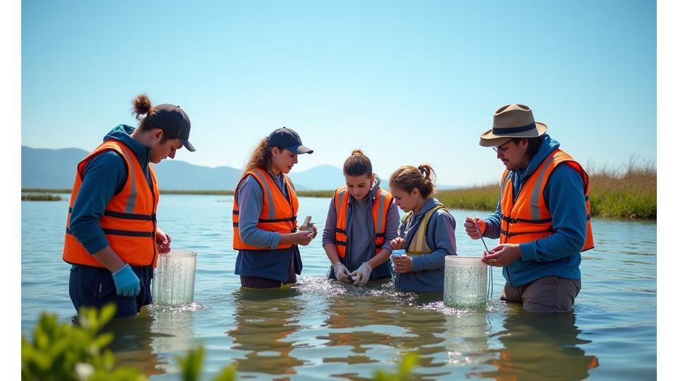 Cientistas e membros da comunidade, incluindo crianças, a colaborar na monitorização da qualidade da água num estuário costeiro, recolhendo amostras.