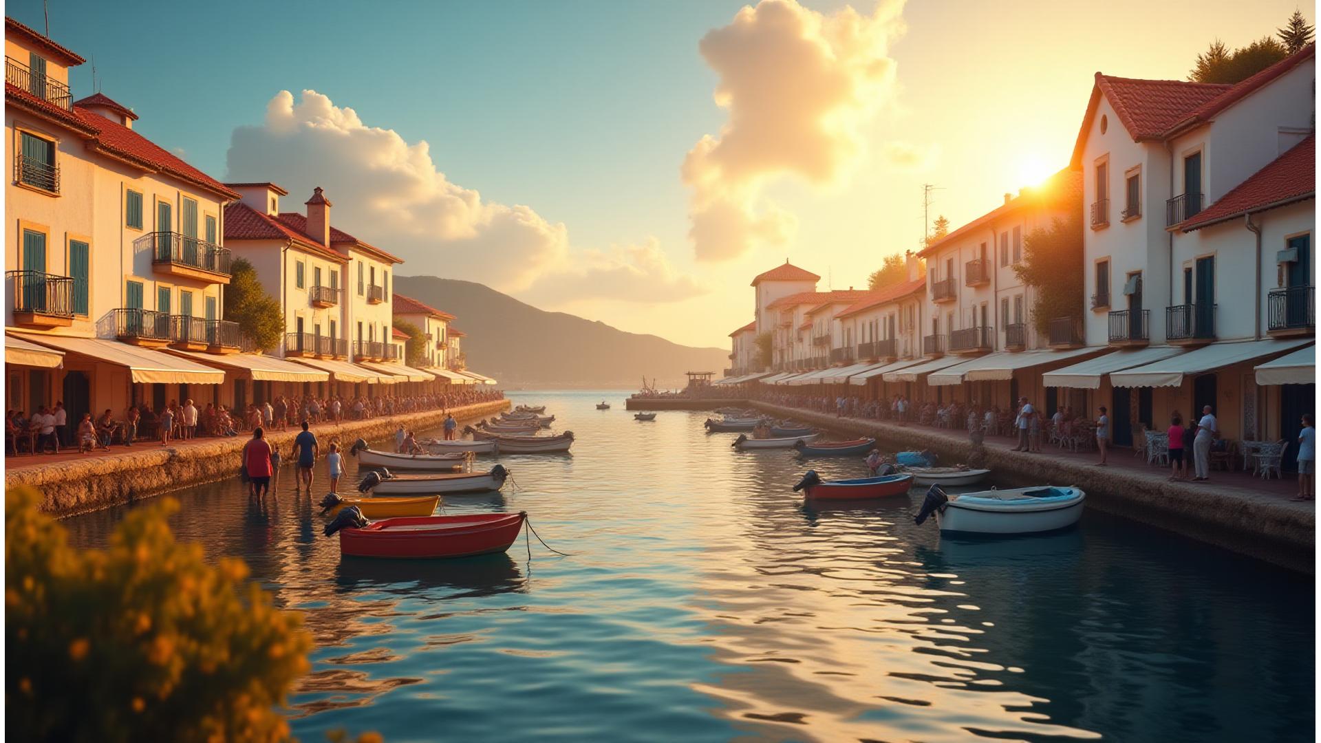 Comunidade piscatória vibrante com pescadores a trabalhar e famílias a interagir junto ao mar no Algarve, Portugal