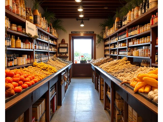 Interior de uma pequena mercearia local bem fornecida, com produtos frescos e artesanato da comunidade, incluindo pescado seco e conservas.