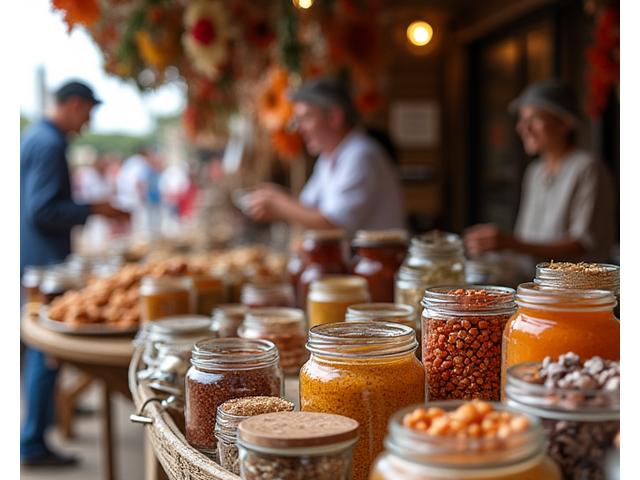 Pequeno grupo de artesãos locais, com produtos do mar transformados (compotas, conservas), a vender numa banca de mercado tradicional algarvio.