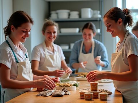 Grupo de mulheres sorridentes a trabalhar em conjunto numa cooperativa de processamento de pescado, mostrando produtos embalados.