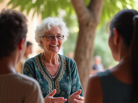 Mulher líder comunitária a falar para um grupo de mulheres, empoderamento e troca de ideias, em ambiente de reunião informal.