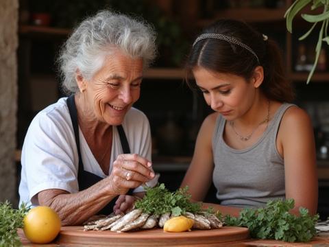 Mulher idosa a partilhar uma receita tradicional de peixe com uma jovem numa cozinha rústica, com ingredientes frescos.