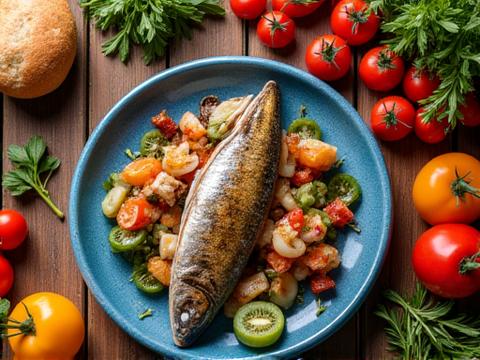 Mesa farta com pratos coloridos de marisco e peixe fresco, legumes e frutas, ambiente familiar e saudável.