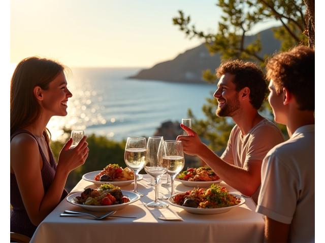 Casal de turistas a desfrutar de uma refeição num restaurante à beira-mar, com pratos de peixe fresco e vista para o oceano.