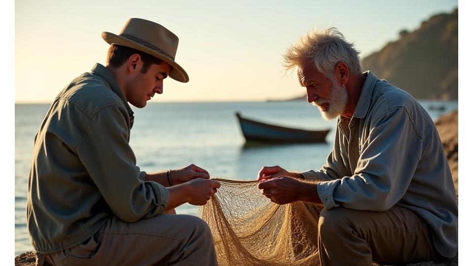 Pescador idoso, com rosto marcado pelo sol e sabedoria, a ensinar um jovem a reparar uma rede de pesca tradicional na praia.