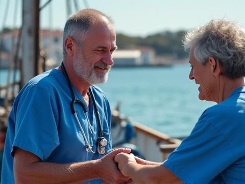 Pescador em check-up médico a bordo de um barco, com enfermeiro a verificar sinais vitais, num cenário de mar calmo.