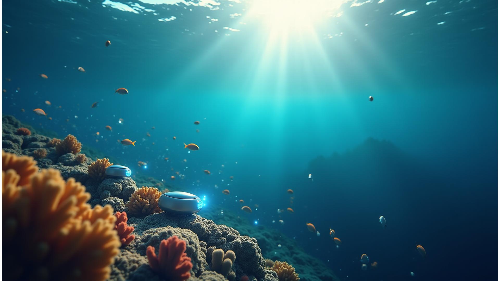 Sensores subaquáticos monitorizando uma vibrante recife de coral algarvio, com dados digitais a flutuar no ecrã.