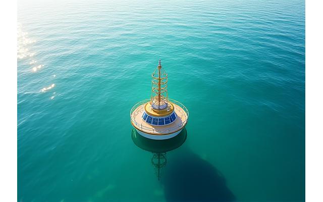 Boia inteligente com painéis solares flutuando em águas costeiras algarvias, transmitindo dados via satélite.