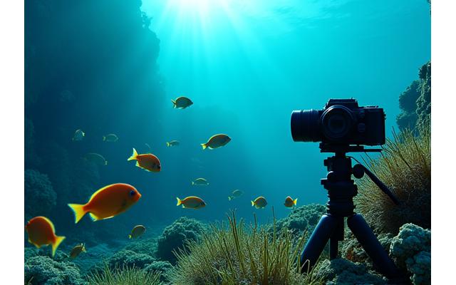 Câmera subaquática profissional operando perto de um cardume de peixes no Algarve.