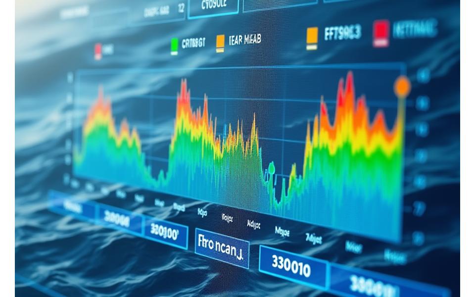 Gráficos em tempo real mostrando parâmetros de qualidade da água, com zonas coloridas a indicar níveis de saúde.