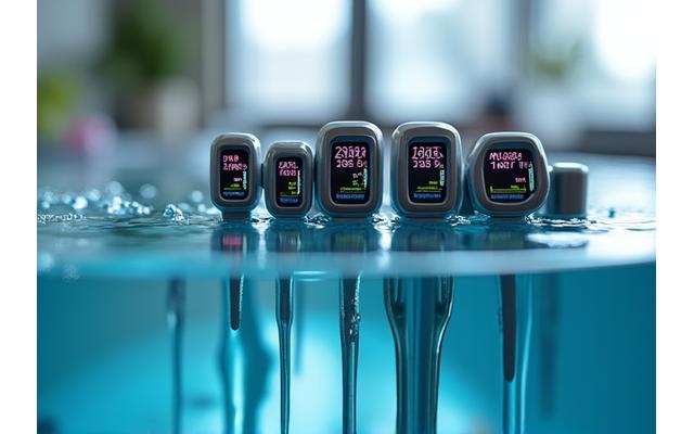 Detalhe de sensores de qualidade da água, mostrando sondas e ecrãs digitais subaquáticos.