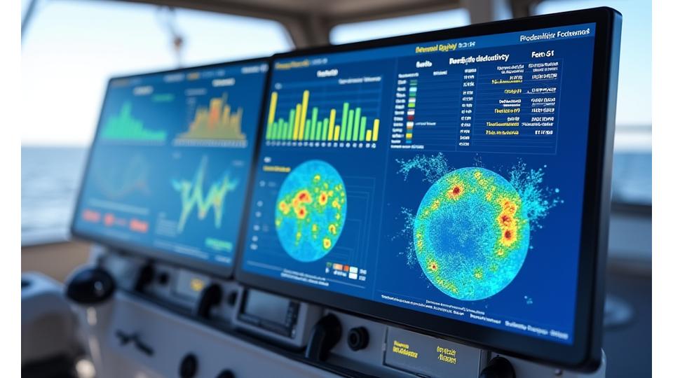 Dashboard de análise de dados com gráficos de produtividade de pesca e zonas de captura