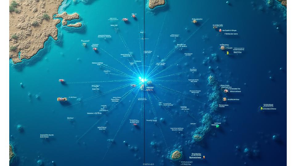 Mapa náutico digital exibindo rotas de embarcações e zonas de pesca seguras