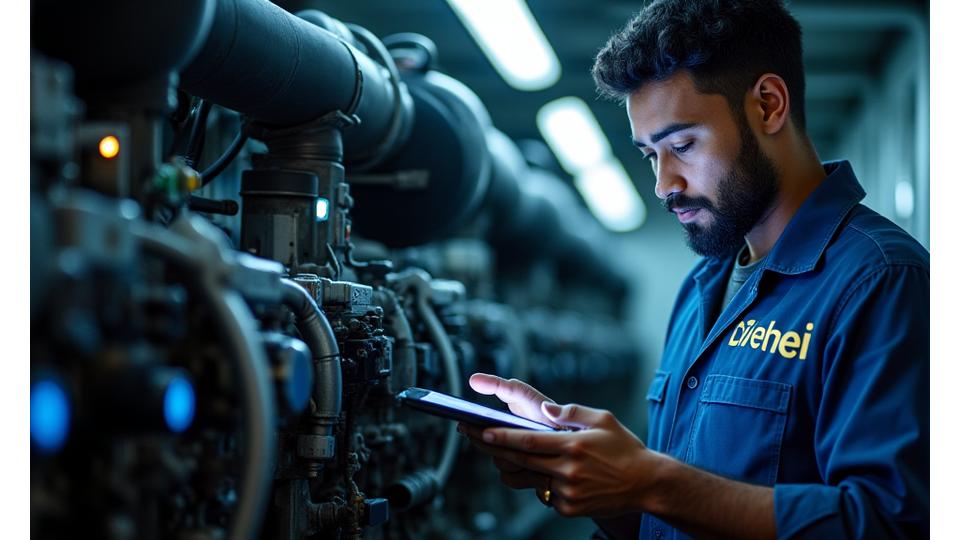 Engenheiro verificando sensores IoT em motor de barco pesqueiro