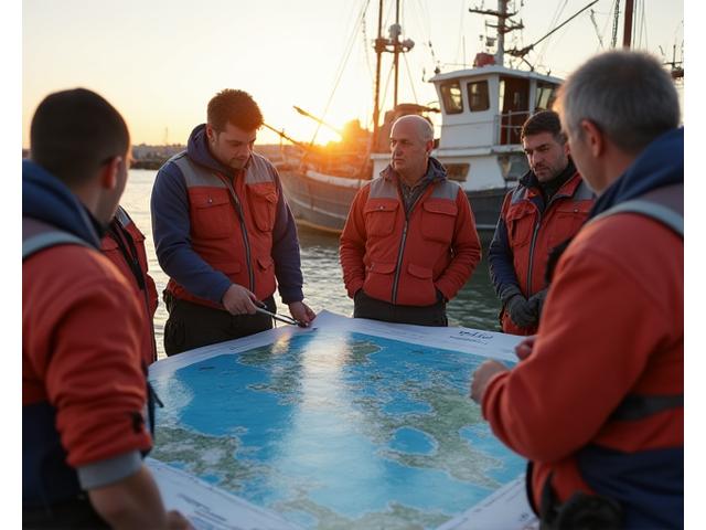 Pescadores locais colaborando com equipe de conservação, apontando no mapa locais de potencial pesca fantasma.