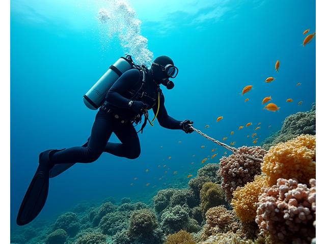 Mergulhador técnico a remover cuidadosamente uma rede de pesca fantasma de um recife de coral, com peixes a nadar por perto.