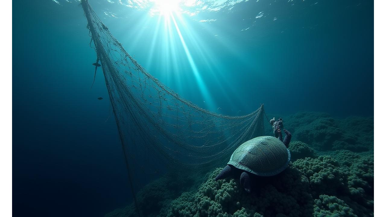 Rede de pesca fantasma submersa com detritos marinhos, simbolizando o impacto ambiental. Um feixe de luz penetra a água, destacando a necessidade de ação.