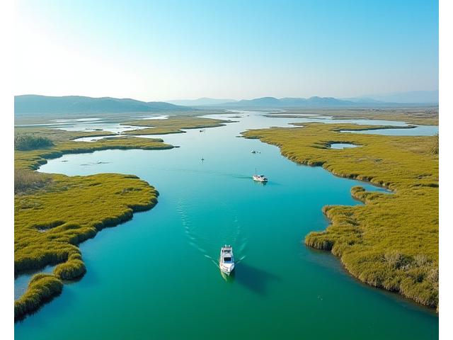 Vista aérea da Ria Formosa, Algarve, com águas límpidas e barcos tradicionais, simbolizando a recuperação ecológica.