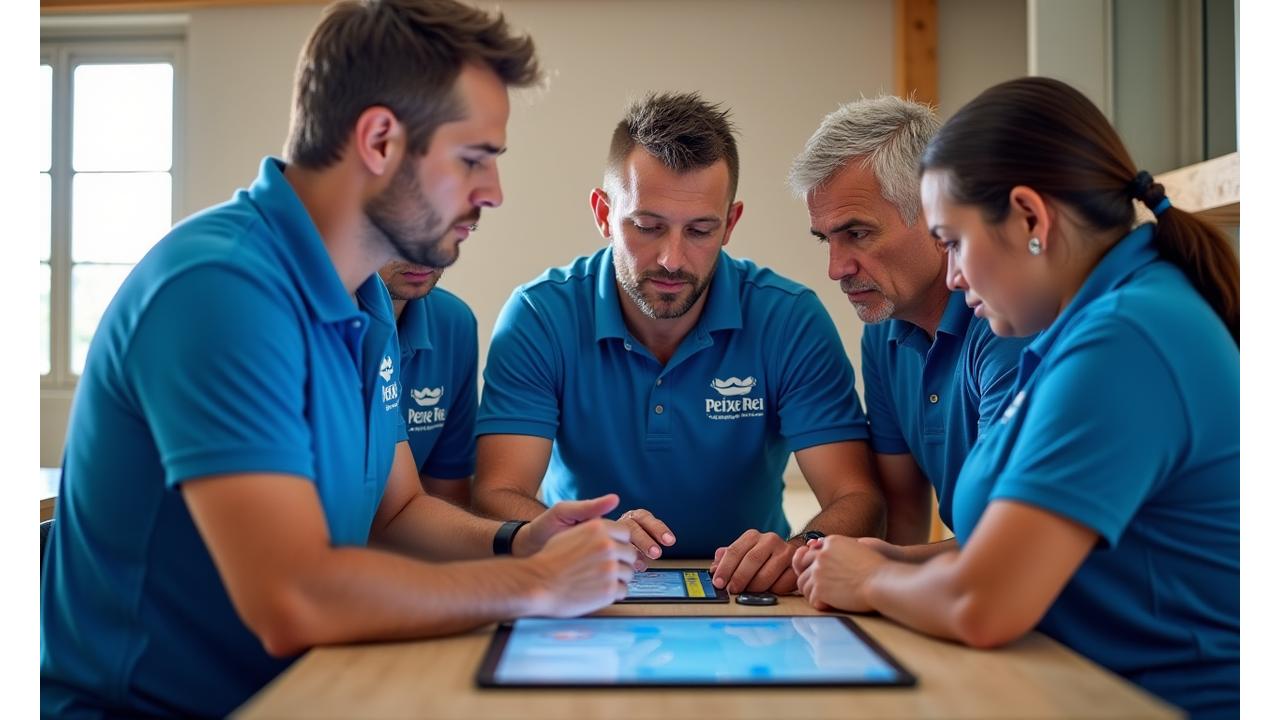 Grupo de pescadores e especialistas da Peixe Rei participando num workshop interativo sobre boas práticas de pesca e uso de tecnologia de prevenção.