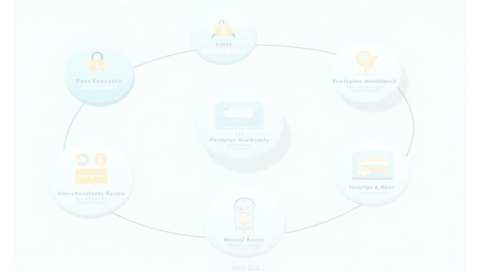 Infográfico mostrando múltiplas camadas de segurança de dados: encriptação, controlo de acesso, auditorias, firewall, e formação de pessoal, interligadas por setas.
