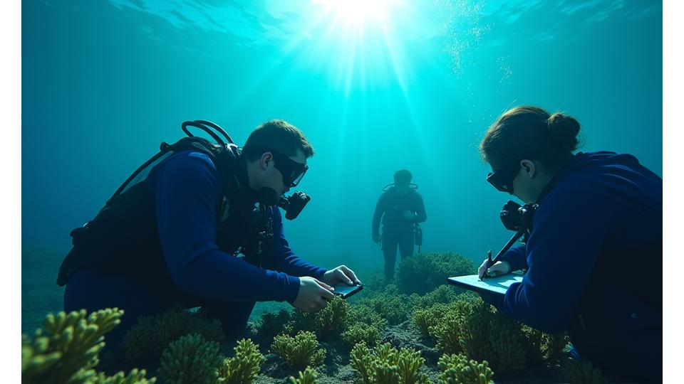 Investigadores subaquáticos examinando a vida marinha