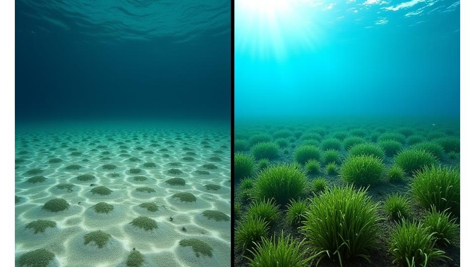 Slider de antes e depois do restauro de pradarias marinhas