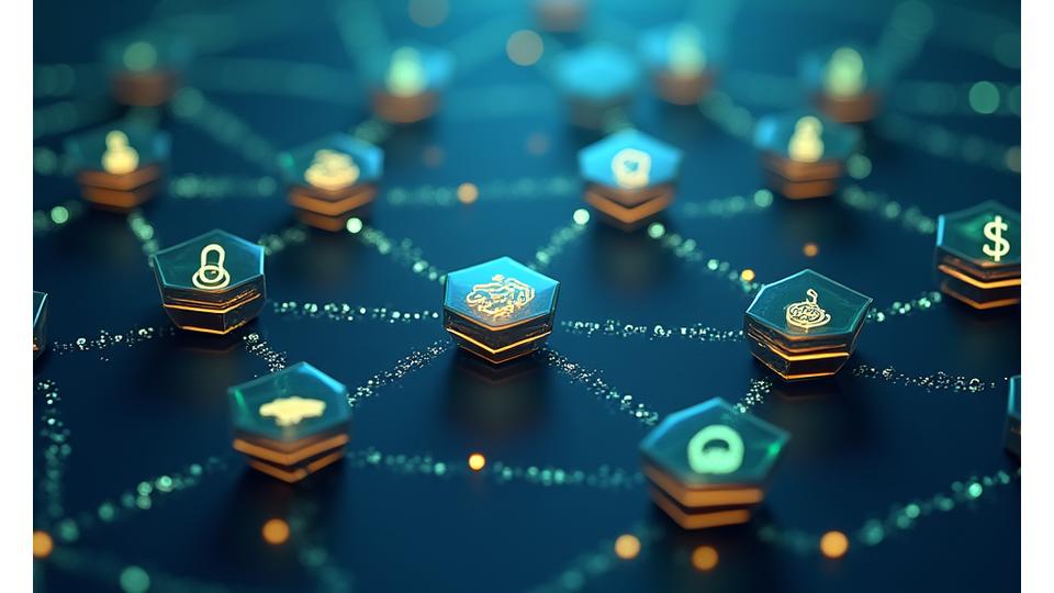 Infográfico 3D abstrato representando nós de uma rede blockchain interconectados, com ícones de pescado e cadeados, simbolizando a segurança dos dados de rastreabilidade.