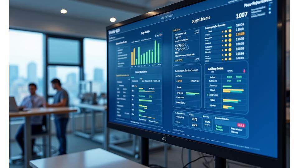Dashboard digital mostrando métricas de segurança alimentar, incluindo temperaturas de refrigeração e listas de verificação HACCP, com alertas visuais para desvios.