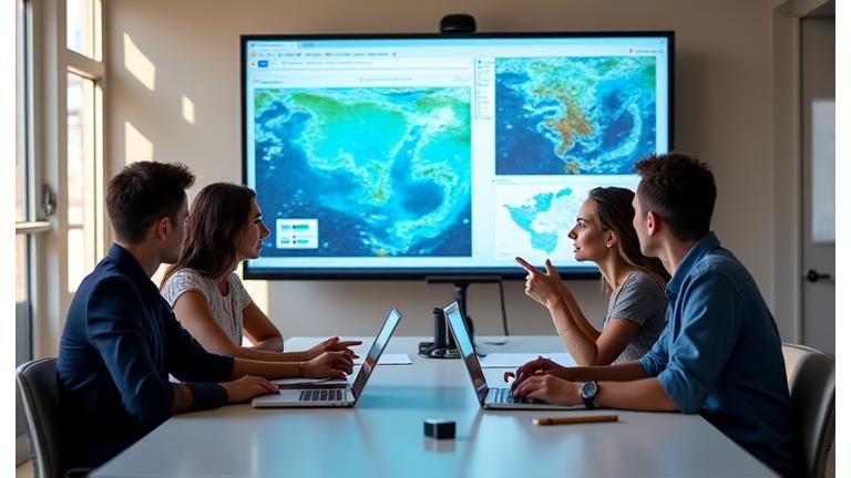 Membros da equipa Peixe Rei a colaborar e discutir ideias numa sala de reunião moderna