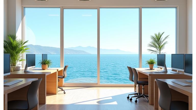 Vista do interior do escritório da Peixe Rei em Olhão, com a Ria Formosa ao fundo