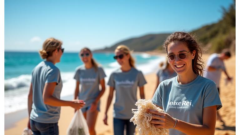 Equipa Peixe Rei a fazer voluntariado numa limpeza de praia, sorrindo e recolhendo lixo