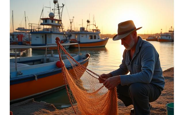 Pescadores de Olhão a reparar redes, com barcos de pesca tradicionais ao fundo