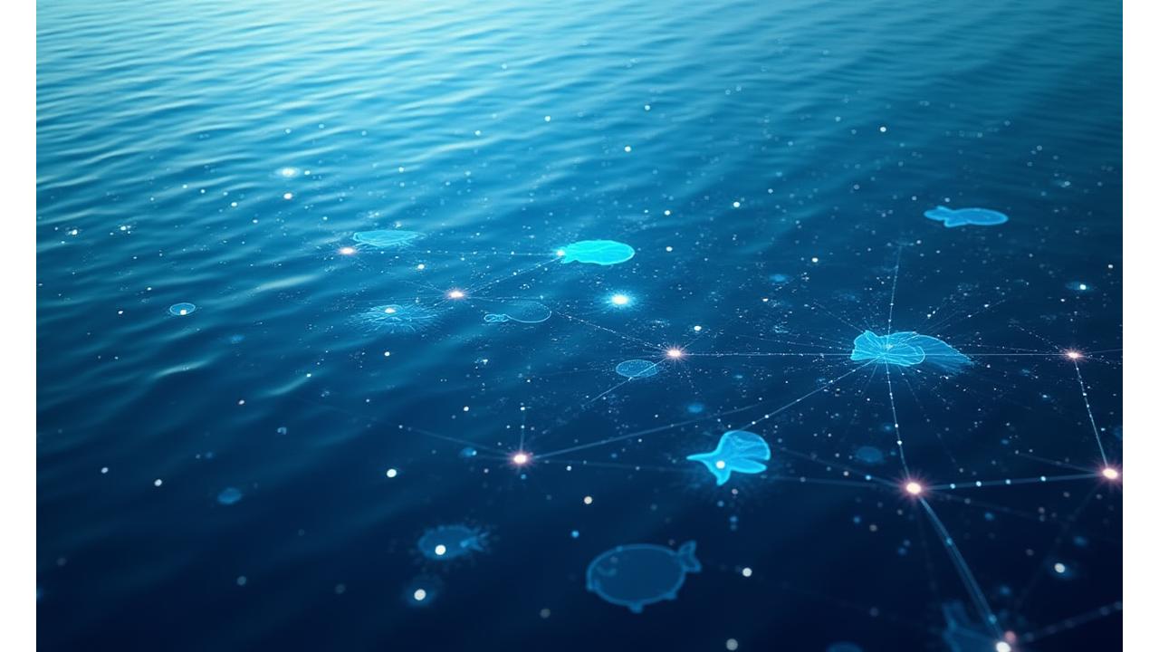 Uma rede de dados digital sobre um fundo de água, simbolizando a interconexão e a monitorização de serviços marinhos